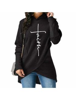 Womens Casual Long Sleeve Faith Letter Printed Hoodie Sweatshirt with Pockets