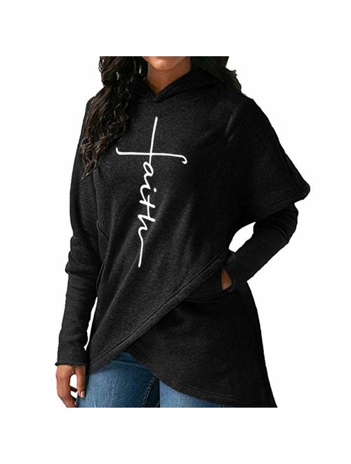 Womens Casual Long Sleeve Faith Letter Printed Hoodie Sweatshirt with Pockets