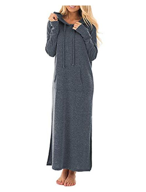 GIKING Women's Casual Pockets Hoodies Long Sleeve Split Hooded Long Maxi Dress