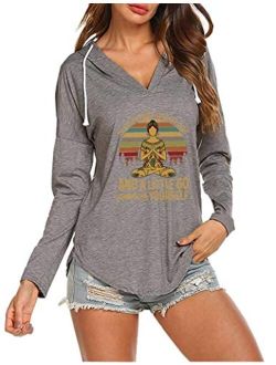 Women's I'm Mostly Peace Love and Light Long Sleeve V Neck Casual Loose Tshirts Hoody Tops