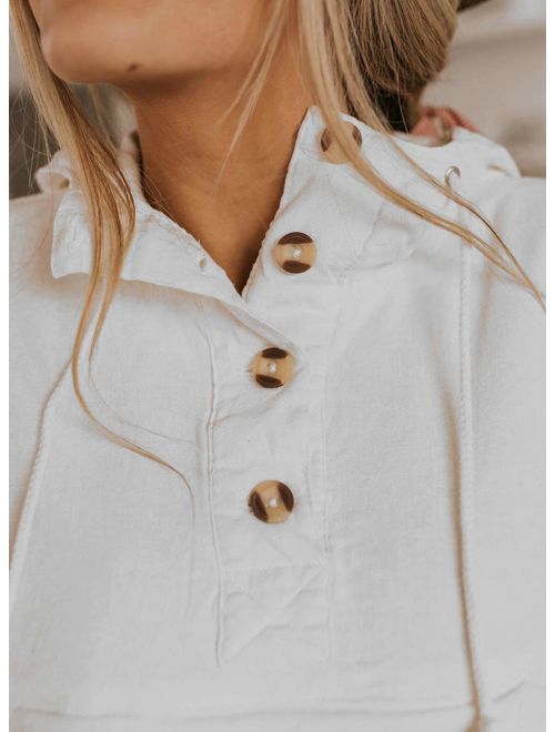 KIRUNDO 2020 Women's Short Sweatshirt Solid Color Button up Neck Long Sleeves Drawstring Hoodie