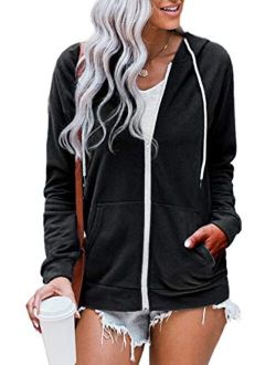 WROLEM Women Casual Full Zip Up Hoodie Comfy Loose Long Sleeve Sweatshirt Solid Color Jacket with Pockets