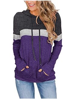 CHICZONE Long Sleeve Pullover Hoodies Sweatshirt for Women Color Block Striped Hoody Shirt with Pocket (S-3XL)