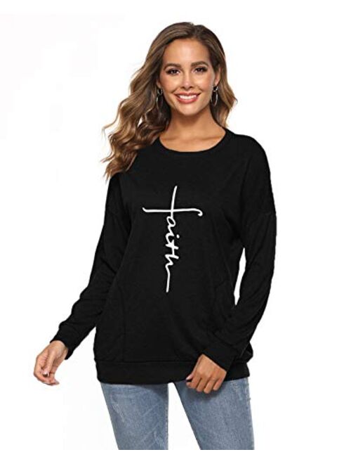 MANSY Womens Casual Faith Tshirts Letter Printed Graphic Tees Tops Sweatshirt Pockets