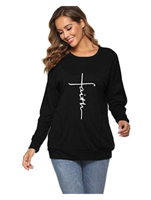 MANSY Womens Casual Faith Tshirts Letter Printed Graphic Tees Tops Sweatshirt Pockets