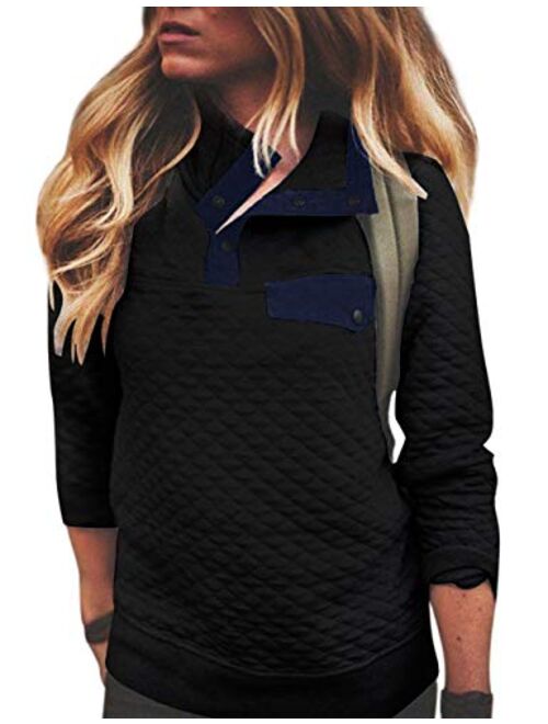Merokeety Sidefeel Women Button Neck Fleece Pullover Coat Asymmetrical Sweatshirts Outwear