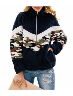 KIRUNDO 2019 Winter Women's Long Sleeves Sweatshirts Half Zipper Pullovers Fleece Sherpa Outwear Coat Tops with Pockets