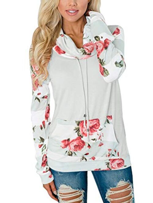 Spadehill Women's Striped Floral Camo Cowl Neck Sweatshirt with Pockets