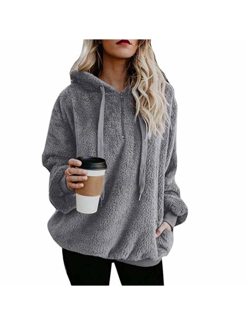 MUMUBREAL Women's Oversized Sherpa Long Sleeve Pullover Zip Sweatshirt Fleece Hoodies with Pockets