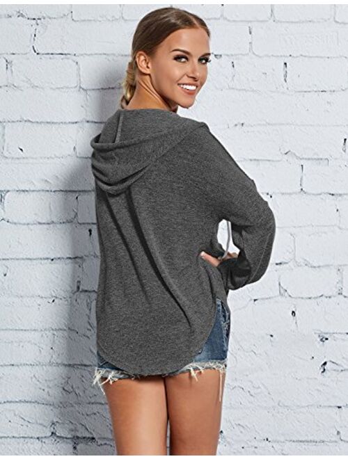 Ezcosplay Women Deep V Neck Solid Pullover Drawstring Loose Sweatshirt Hoodies