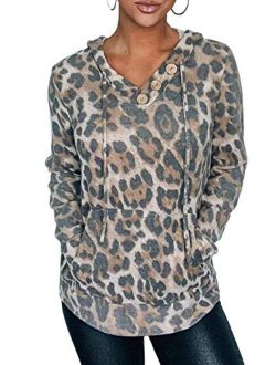 ROSKIKI Womens Hoodie Sweatshirts Casual Animal Print Kangaroo Pocket Tunic Shirts Tops