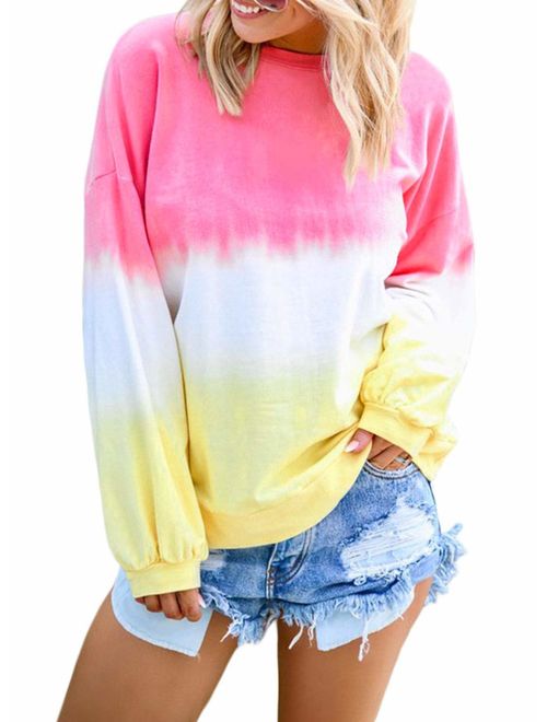 Dresswel Women Crewneck Colorblock Tie Dye Shirts Long Sleeve Pullover Sweatshirt Tops S-XXL