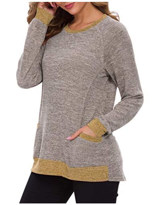 TODOLOR Womens Long Sleeve Round Neck Casual T Shirts Tops with Pocket
