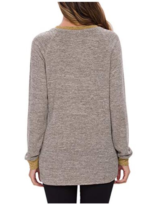 TODOLOR Womens Long Sleeve Round Neck Casual T Shirts Tops with Pocket