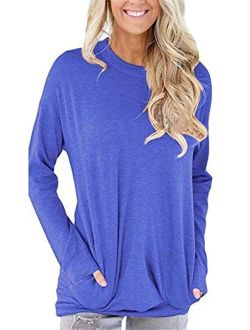 Rvshilfy Women Casual Long Sleeve Sweatshirt Solid Color Loose Blouses Tops with Pocket