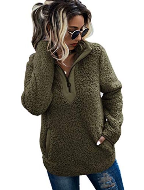 AQOTHES Womens Loose Casual Zipper Sherpa Fleece Pockets Pullover Sweatshirt for Women