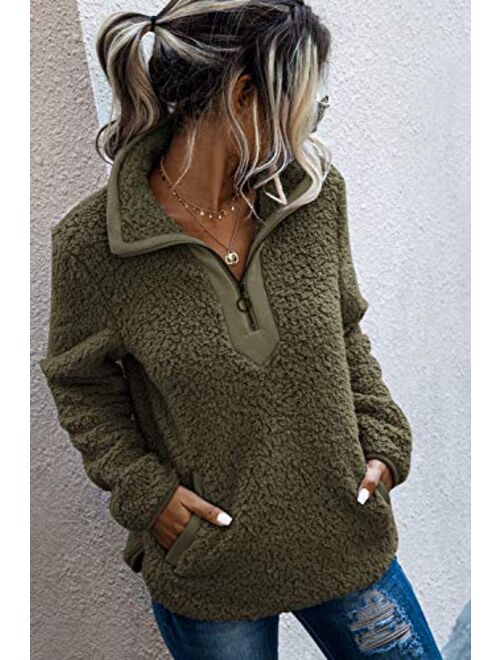 AQOTHES Womens Loose Casual Zipper Sherpa Fleece Pockets Pullover Sweatshirt for Women
