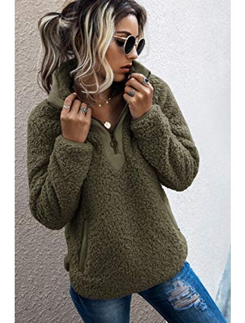 AQOTHES Womens Loose Casual Zipper Sherpa Fleece Pockets Pullover Sweatshirt for Women