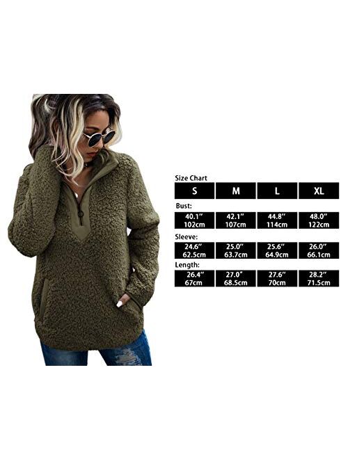 AQOTHES Womens Loose Casual Zipper Sherpa Fleece Pockets Pullover Sweatshirt for Women