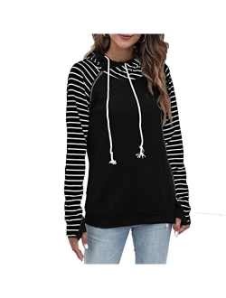 Veoyvo Womens Pullover Fashion Sweatshirts Double Hooded Color Block Hoodies Casual Long Sleeve Comfort Fall Tops