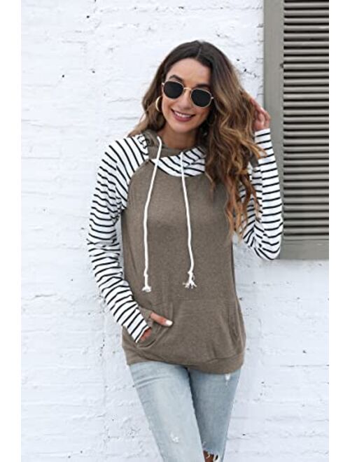 Veoyvo Womens Pullover Fashion Sweatshirts Double Hooded Color Block Hoodies Casual Long Sleeve Comfort Fall Tops