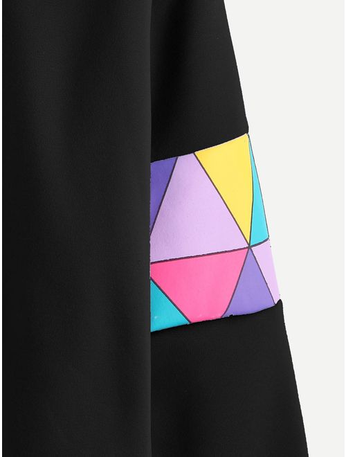 Romwe Women's Top Long Sleeve Color Block Paper Airplane Graphic Print Patchwork Trim Tee Shirt Sweatshirt