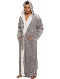 Mens Sherpa-Lined Hooded Long Bathrobe - Full Length Luxury Plush Big and Tall Robe