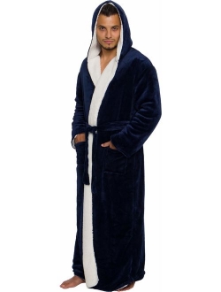 Mens Sherpa-Lined Hooded Long Bathrobe - Full Length Luxury Plush Big and Tall Robe