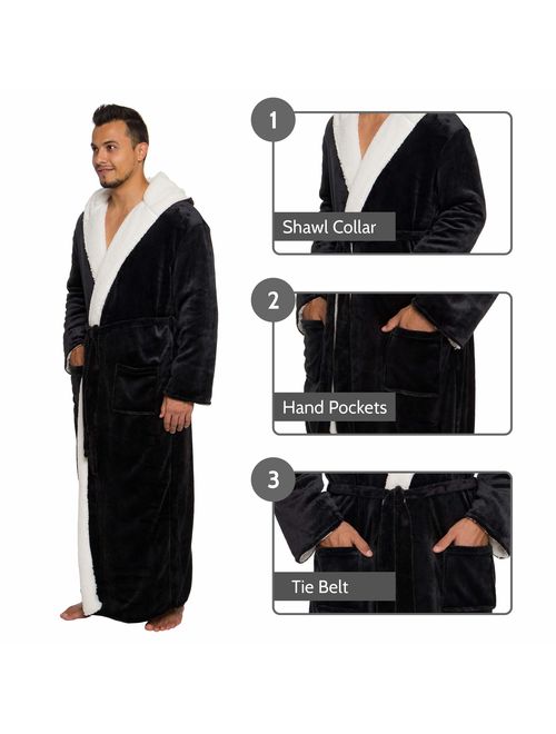 Ross Michaels Mens Sherpa-Lined Hooded Long Bathrobe - Full Length Luxury Plush Big and Tall Robe