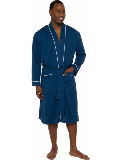 Men's Lightweight Jersey Robe - Luxury Long Sleeve Summer Bathrobe w/Contrast Piping