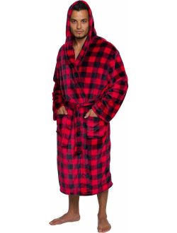 Buffalo Plaid Hooded Bathrobe - Men's Medium Length Luxury Plush Big and Tall Sleep Robe