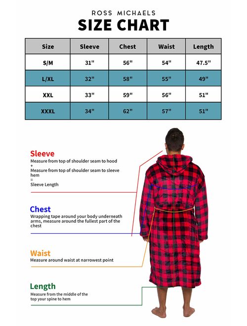 Ross Michaels Buffalo Plaid Hooded Bathrobe - Men's Medium Length Luxury Plush Big and Tall Sleep Robe