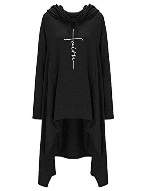 Rfecccy Faith Print Long Sleeve Loose Casual Pullovers Irregular Hem Long Hoodies for Women