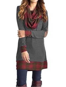 Famulily Women's Cowl Neck Tops Two Tone Color Block Pullovers Elbow Patchs Loose Long Tunic Blouse