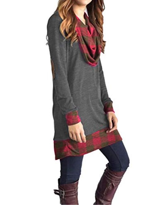 Famulily Women's Cowl Neck Tops Two Tone Color Block Pullovers Elbow Patchs Loose Long Tunic Blouse