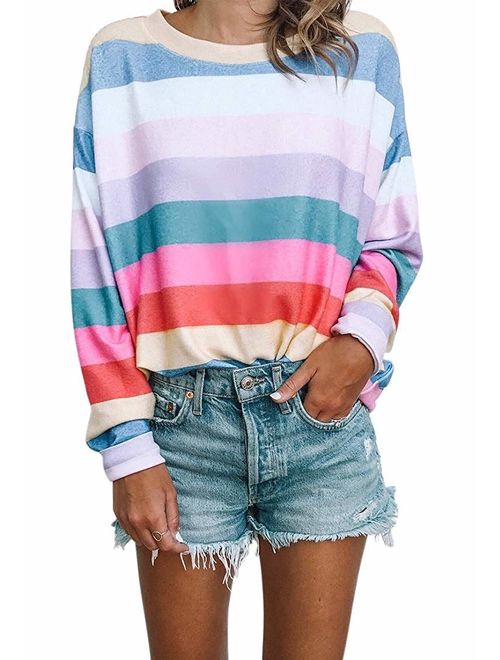 Women Long Sleeve Tops - Oversized Rainbow Striped Tunics Blouses T Shirt Pullover Sweatshirt