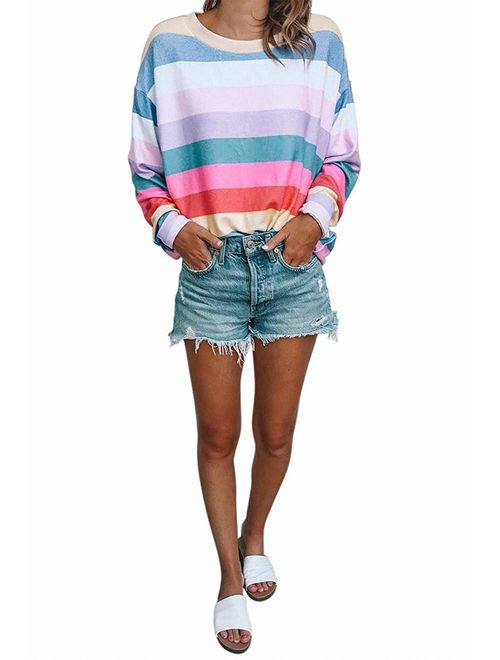 Women Long Sleeve Tops - Oversized Rainbow Striped Tunics Blouses T Shirt Pullover Sweatshirt