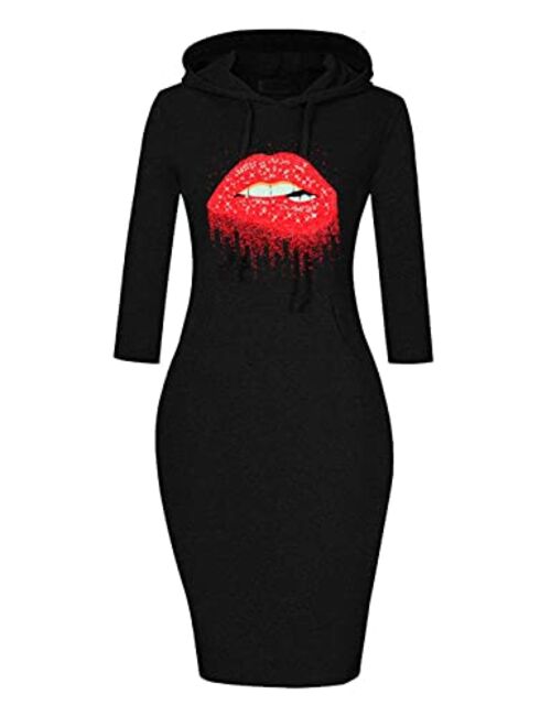 MAGICMK Women Long Sleeve Print Lips Slim Fitted Knee Length Sweatshirt With Pocket Casual Pullover Hoodie Dress