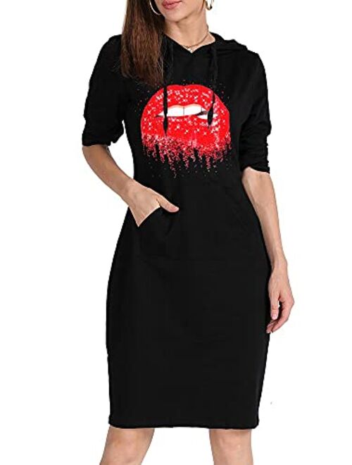 MAGICMK Women Long Sleeve Print Lips Slim Fitted Knee Length Sweatshirt With Pocket Casual Pullover Hoodie Dress