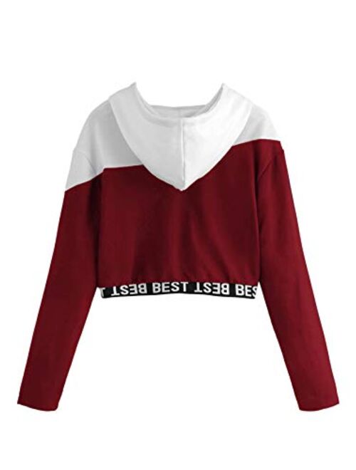 SweatyRocks Women's Letter Print Color Block Long Sleeve Crop Top Hoodies Pullover Sweatshirt