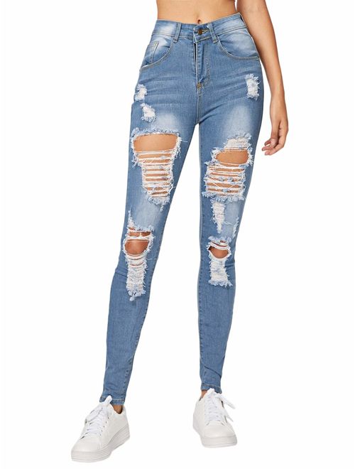 Milumia Women's Casual Mid Waist Skinny Ripped Jeans Denim Pants