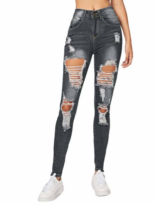 Milumia Women's Casual Mid Waist Skinny Ripped Jeans Denim Pants