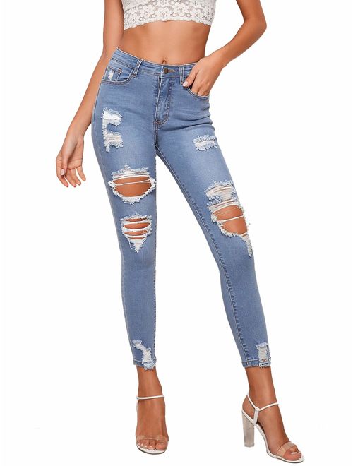 Milumia Women's Casual Mid Waist Skinny Ripped Jeans Denim Pants