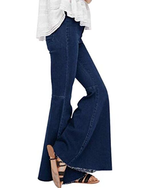 Women's Fashion Bell Bottom Pants High Waist Tassel Stretch Curvy Fit Jeans Blue