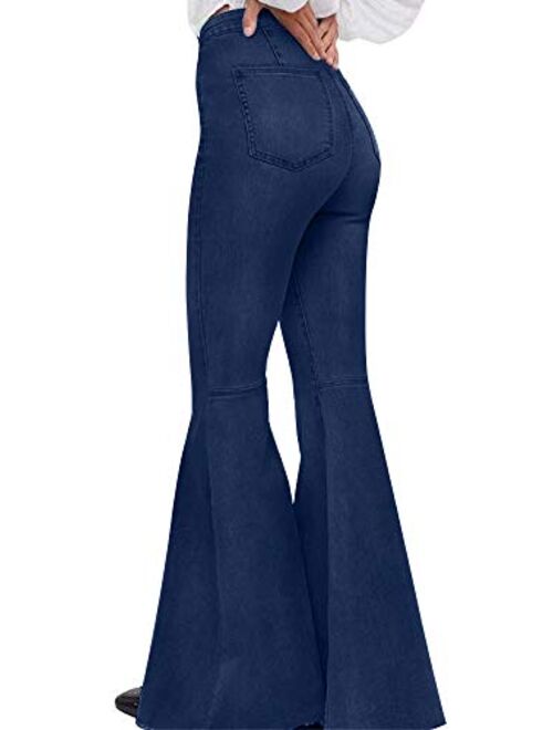 Womens Fashion Bell Bottom Pants High Waist Tassel Stretch Curvy Fit Jeans Blue 