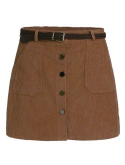 Women's Cute Mini Corduroy Button Down Pocket Skirt with Belt