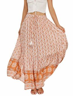 Women's Boho Floral Ruffle Maxi Skirt High Waist Long Skirt with Slit
