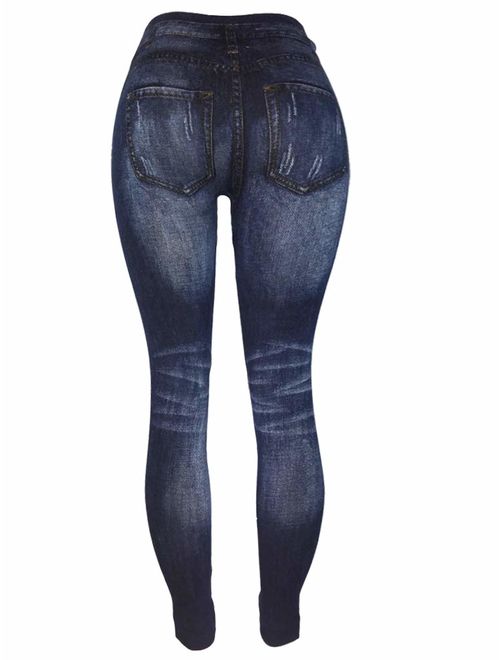 CLOYA Women's Denim Print Fake Jeans or Solid Colors Seamless Full Length Leggings for All Seasons.