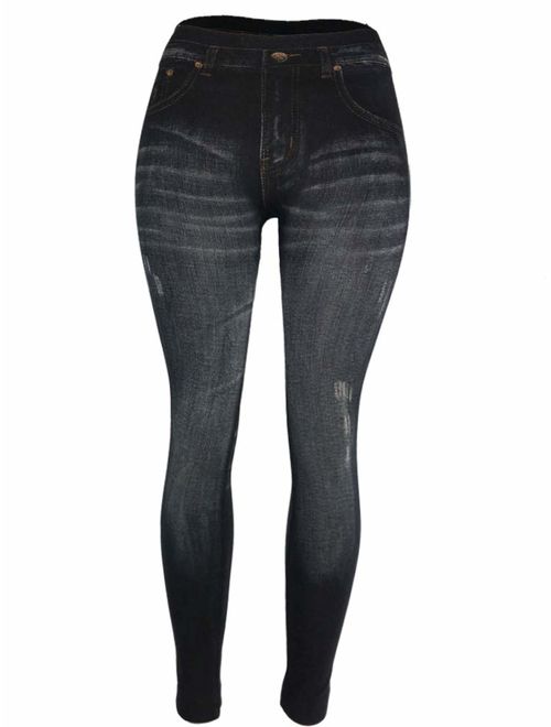 CLOYA Women's Denim Print Fake Jeans or Solid Colors Seamless Full Length Leggings for All Seasons.