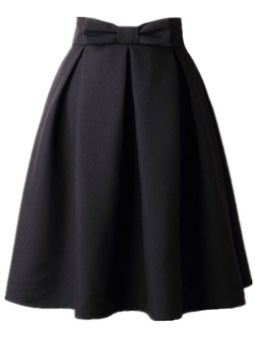 Women's A Line Pleated Vintage Skirt High Waist Midi Skater with Bow Tie
